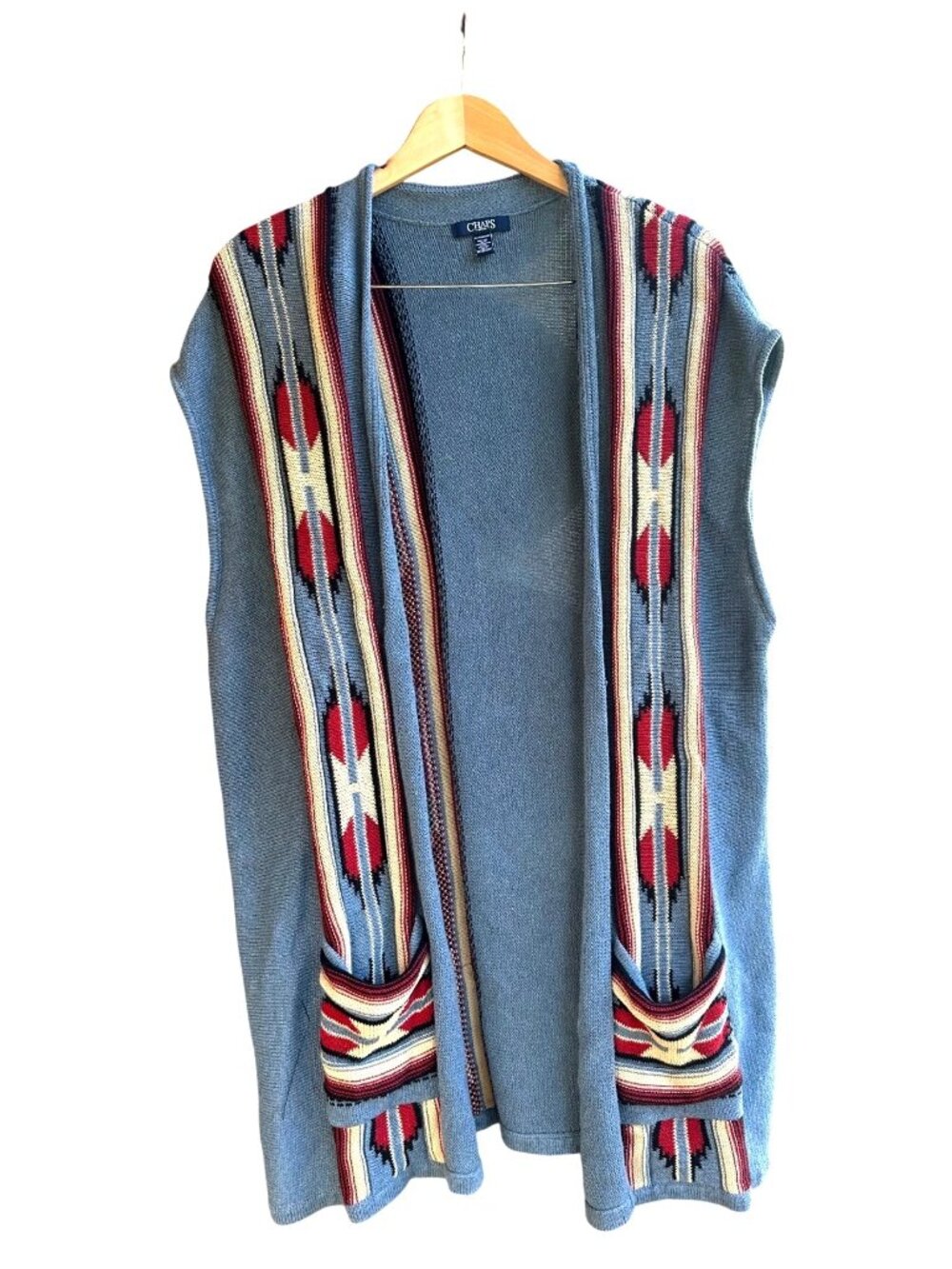 Chaps Southwestern Print Open Front Sweater Vest 3X Blue Cotton Blend